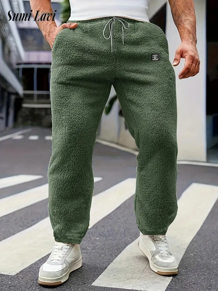

Leisure Mens Drawstring Loose Fleece Pants Autumn Winter Casual Solid Color Furry Cozy Trousers Men Stylish Straight Sweatpants
