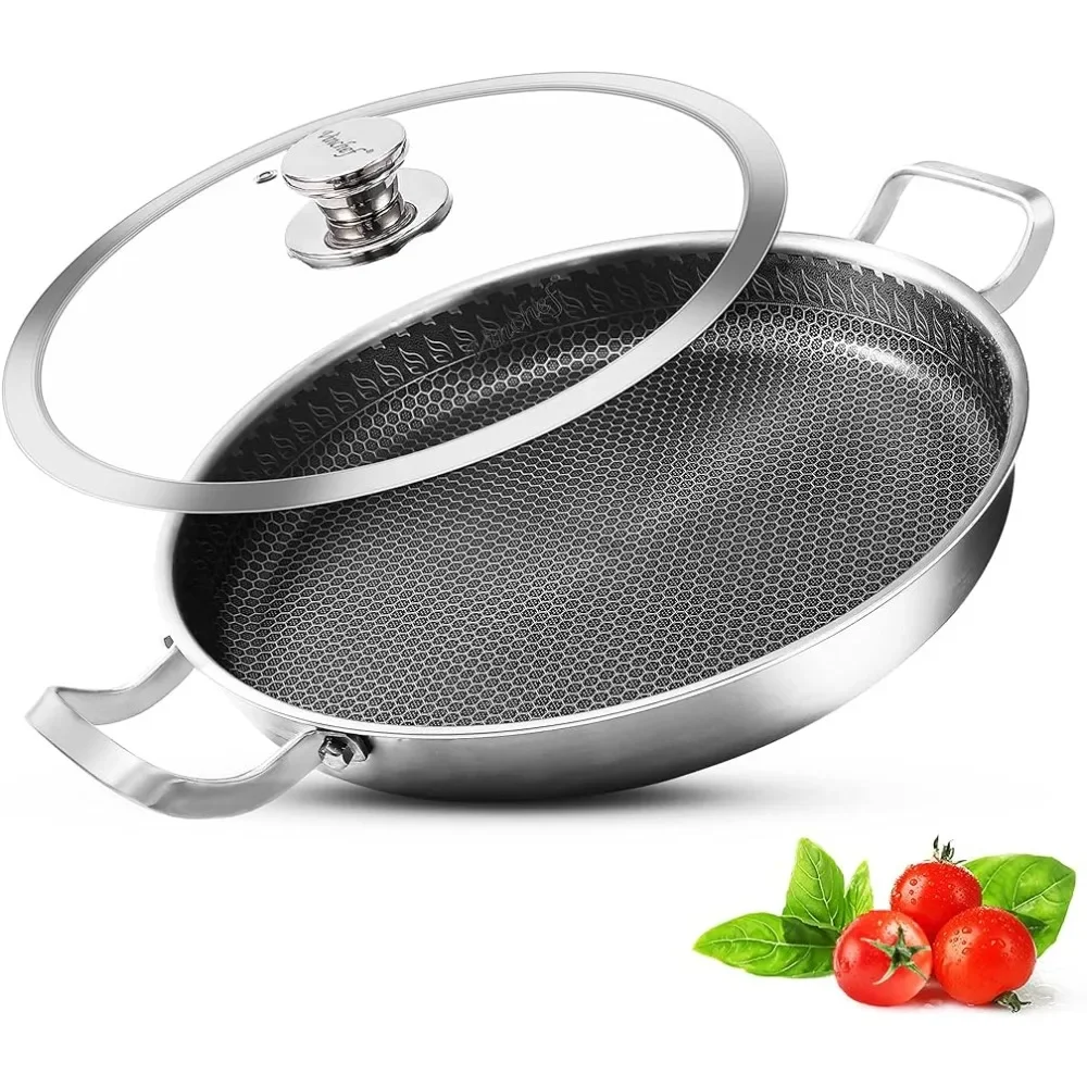 

Vinchef Stainless Steel Pan With Lid,13 Inch Paella Pan,PFOA Free, Dishwasher and Oven Safe Cookware