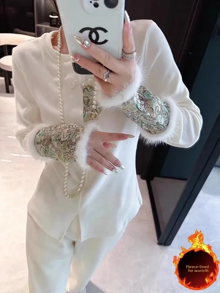 티엔드 플로잉 자수 베이스 여성용 롱 슬리브 티셔츠 가을 겨울 슬레 중국 신년 슬레 면 폴리에스터 B...