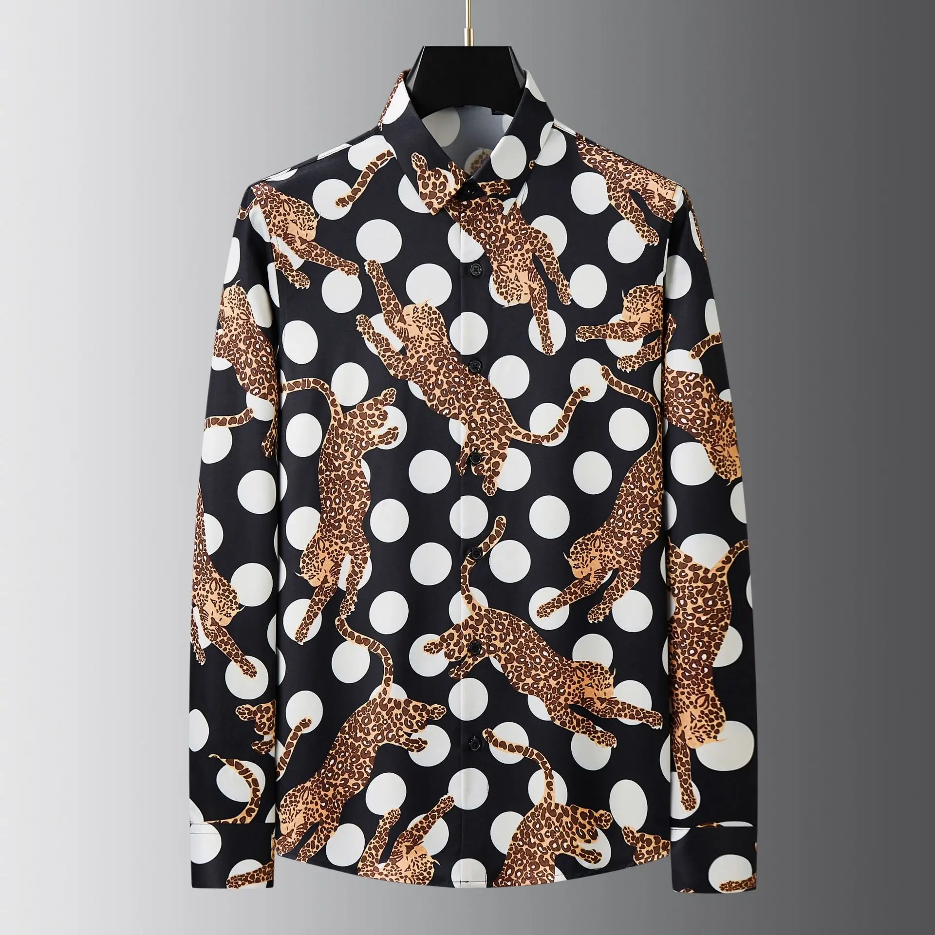 

Luxury Polka Dot Leopard Print Men's Shirt Slim Fit Long Sleeve Streetwear Social Shirt No Ironing Banquet Party Men Clothing