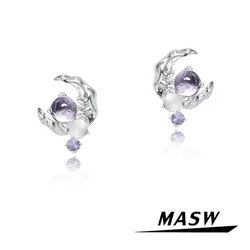 MASW Original Design Elegant Jewelry Senior Sense Purple Glass Thick Silver Plated Moon Earrings For Women Girl Gift Hot Sale