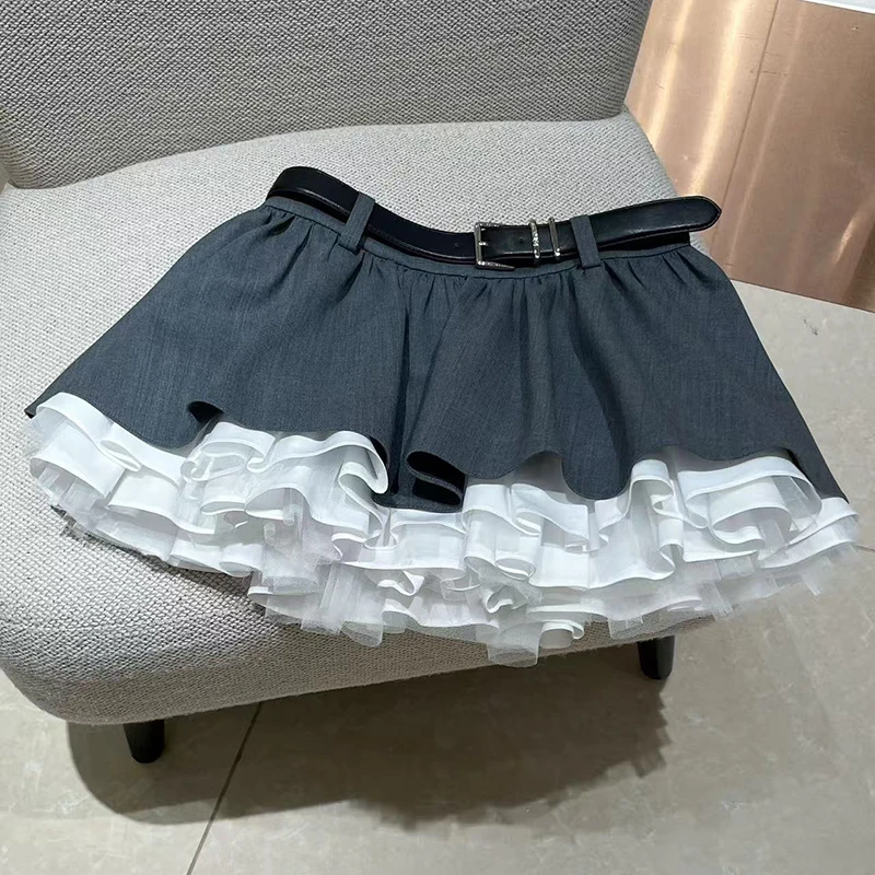 

Sweet Patchwork A Line Skirts Women Korean Fashion with Belt All Match Tutu Skirts Japanese High Waist Splicing Mini Skirts New