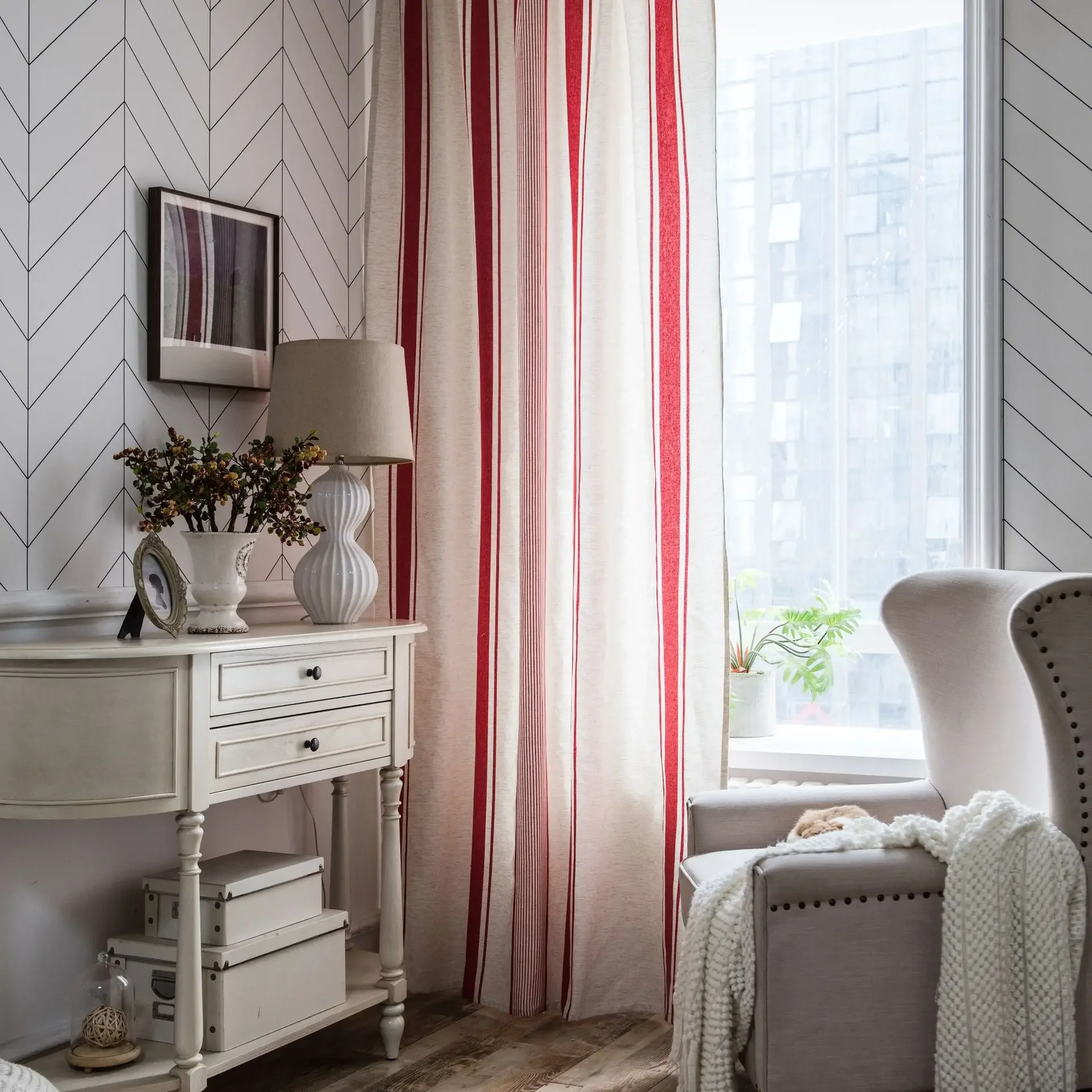 Simple Style Red/Blue Striped Yarn-dyed Semi Blackout Curtains for Living Room Bedroom Kitchen Home Decoration Curtain Modern