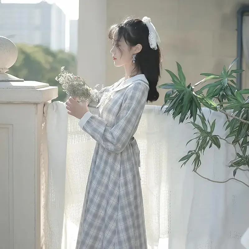 Femme primavera verão moda simplicidade impressão xadrez vestidos casuais roupas femininas moda arco estilo jovem manga longa dres