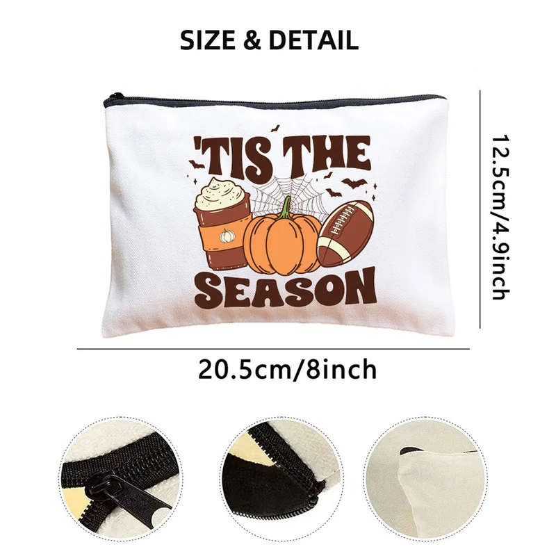 PrintedTis The Season Pumpkin Spider Web Bat Halloween Makeup Storage Bag，Multifunctional Zipper Pouch，Short-trip storage bag，Sc