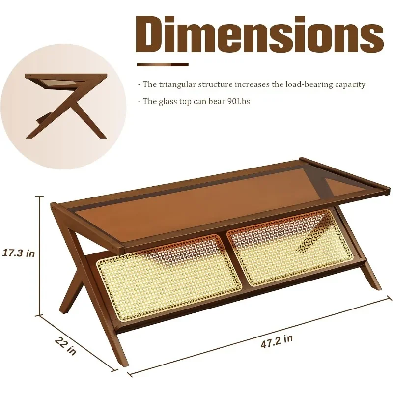 Mid-Century Modern Coffee Table with Glass Top Rattan Center Table with Storage for Living Room Table Brown