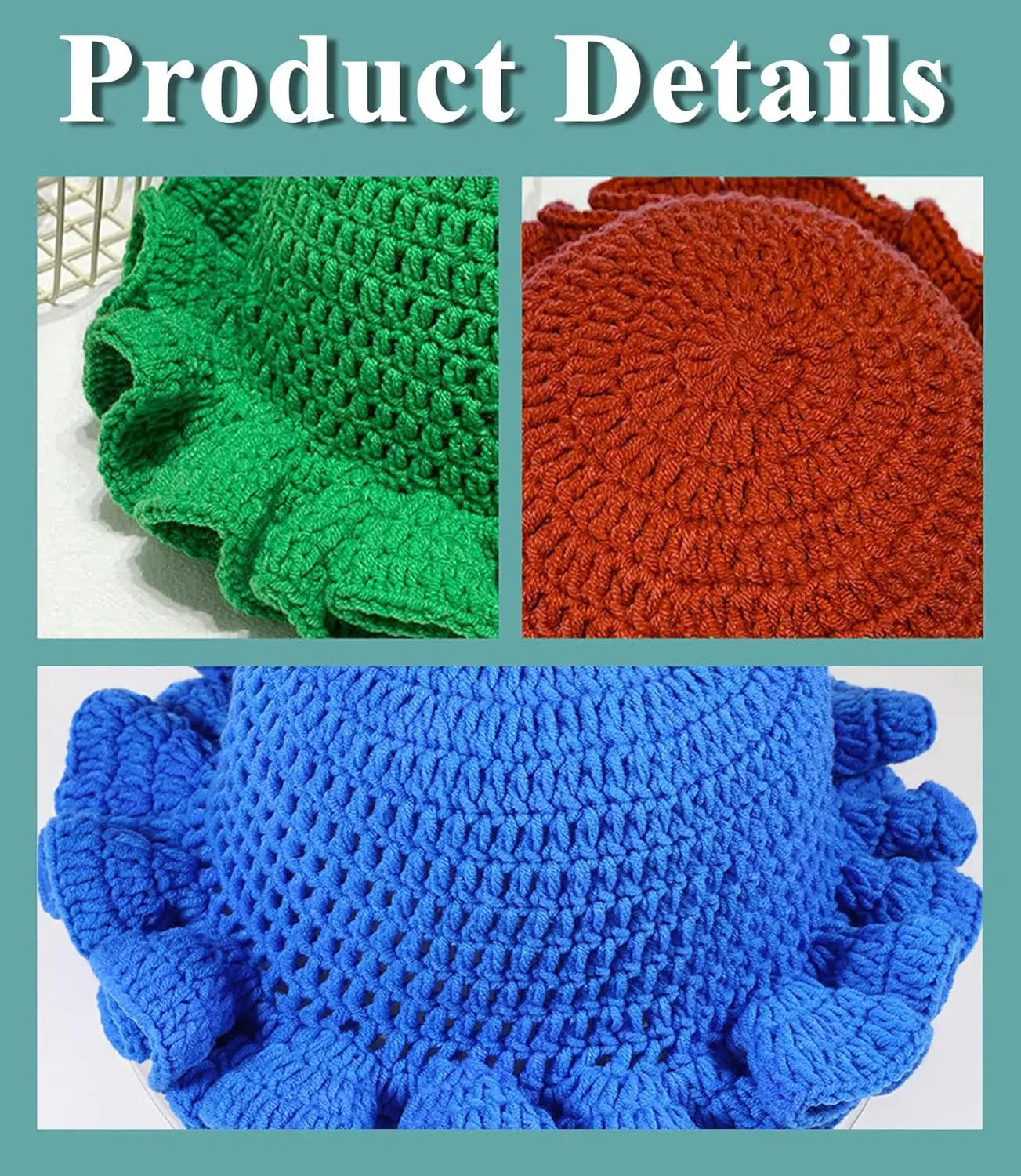 قبعة متماسكة يدويًا بلون سادة على الطراز البوهيمي مع تصميم مجوف ومكشكش على شكل دلو قبعة صياد السمك