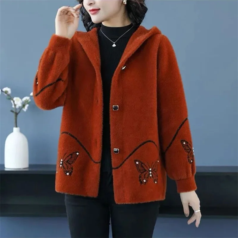 Mother's Embroidered Jacket Imitation Mink Coat Women's Autumn Winter Clothes 2025 New Female's thick Hooded Coat Butterfly