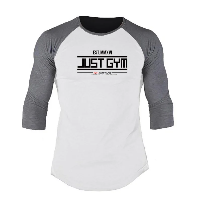 Men Slim Fit Sport Casual Sport T-shirts Gym Fitness Muscle Three Quarter Shirts Autumn Breathable Cotton Bodybuilding Clothing