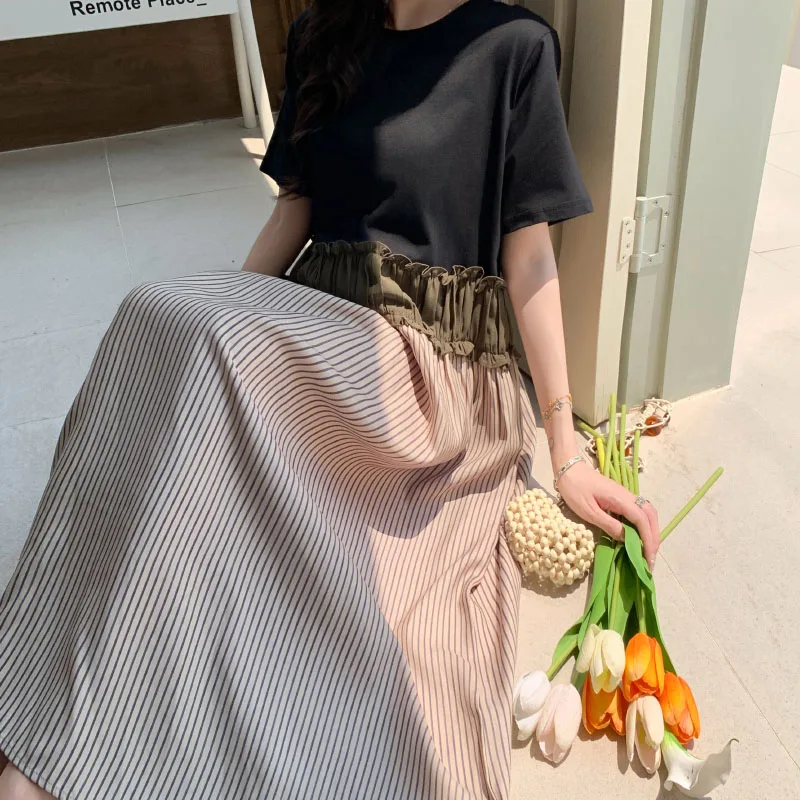 ฤดูร้อน 2025 ผู้หญิงหลวมพลัสขนาด Patchwork เสื้อยืดลาย Lady Vestidos หญิง Robe ใหม่ KE56069