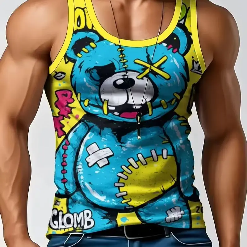 Neue blaue Laufweste mit Bärenmuster, atmungsaktiv, ärmellos, für Herren, Frühling/Sommer, leichte, schnell trocknende Fitness-T-Shirts und Tanktops