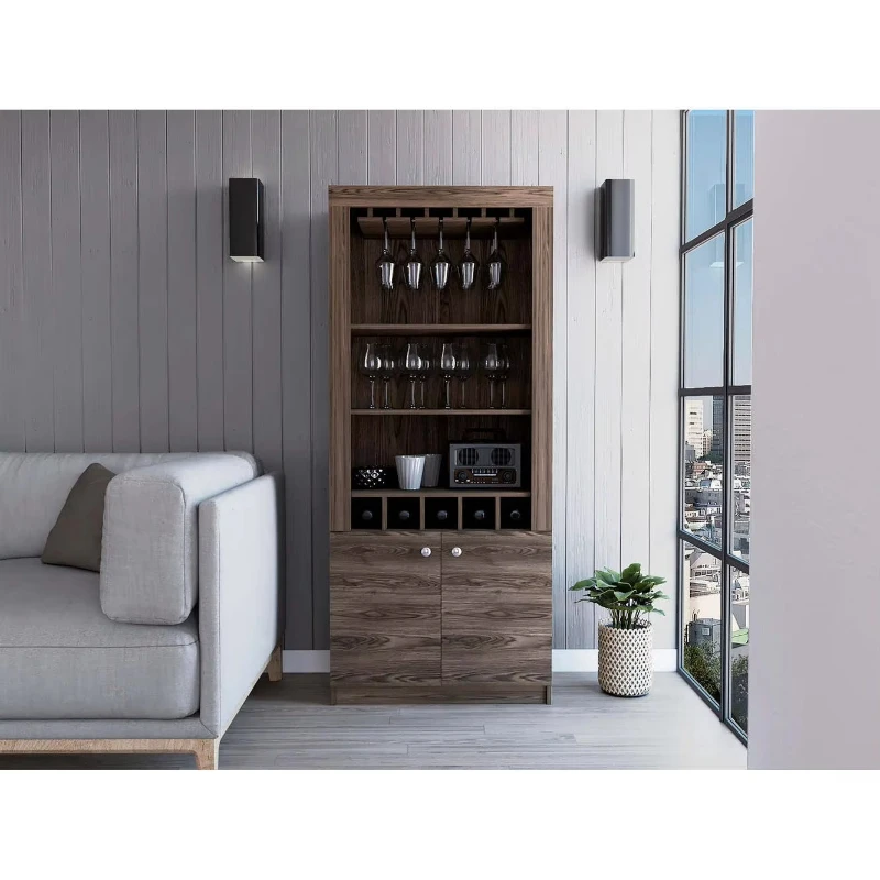 

Two-door bar cabinet for wine storage and display, five built-in wine racks and three shelves