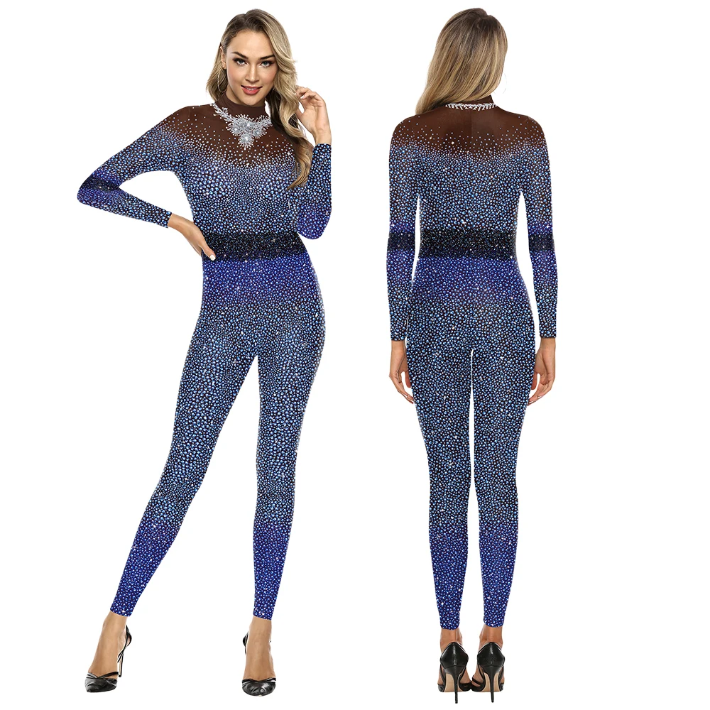 VIP FASHION Huidskleur Strass Print Jumpsuit voor Vrouwen Elegante Zentai Body Lady Festival Catsuit Cosplay Party Kostuum