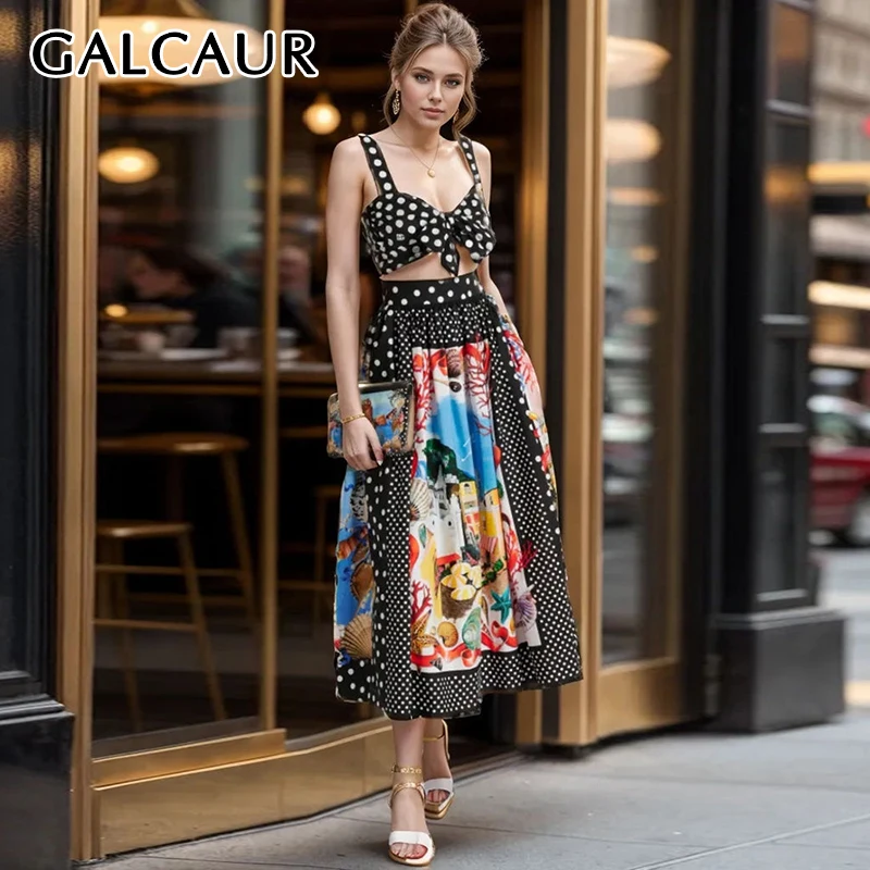 GALCAUR Print Vintage Women Two Piece Sets Camisole Sleeveless Vest High Waist Loose Folds Midi Skirt Hit Color Set Female New