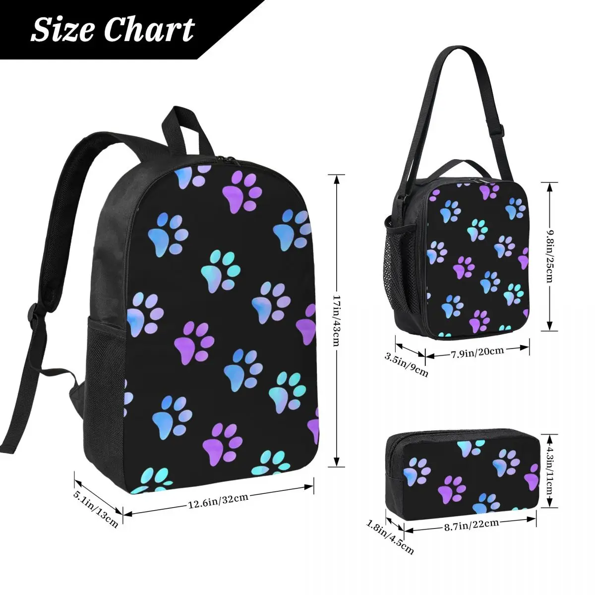 Blue Purple Galaxy Paw Prints Backpack Boys Girls BookBag School Bag Computer Shoulder Bags 3ps Insulated Lunch Bag Pencil Case