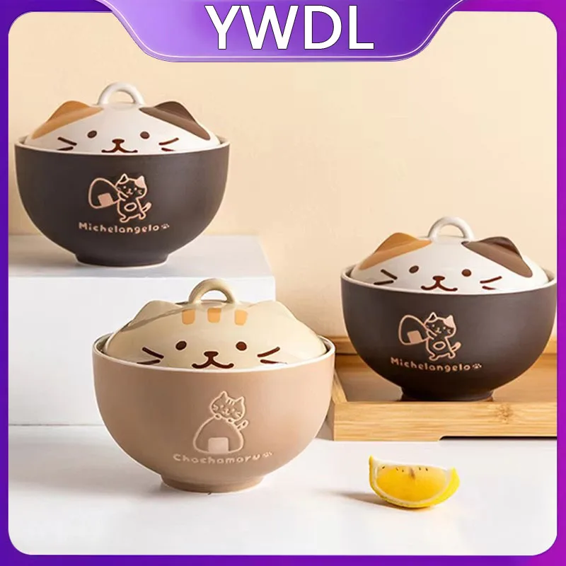 YWDL 550ml Cartoon Cat Ceramic Instant Noodle Bowl With Lid Underglaze Color Soup Salad Bowl Kitchen Office Student Lunch Box
