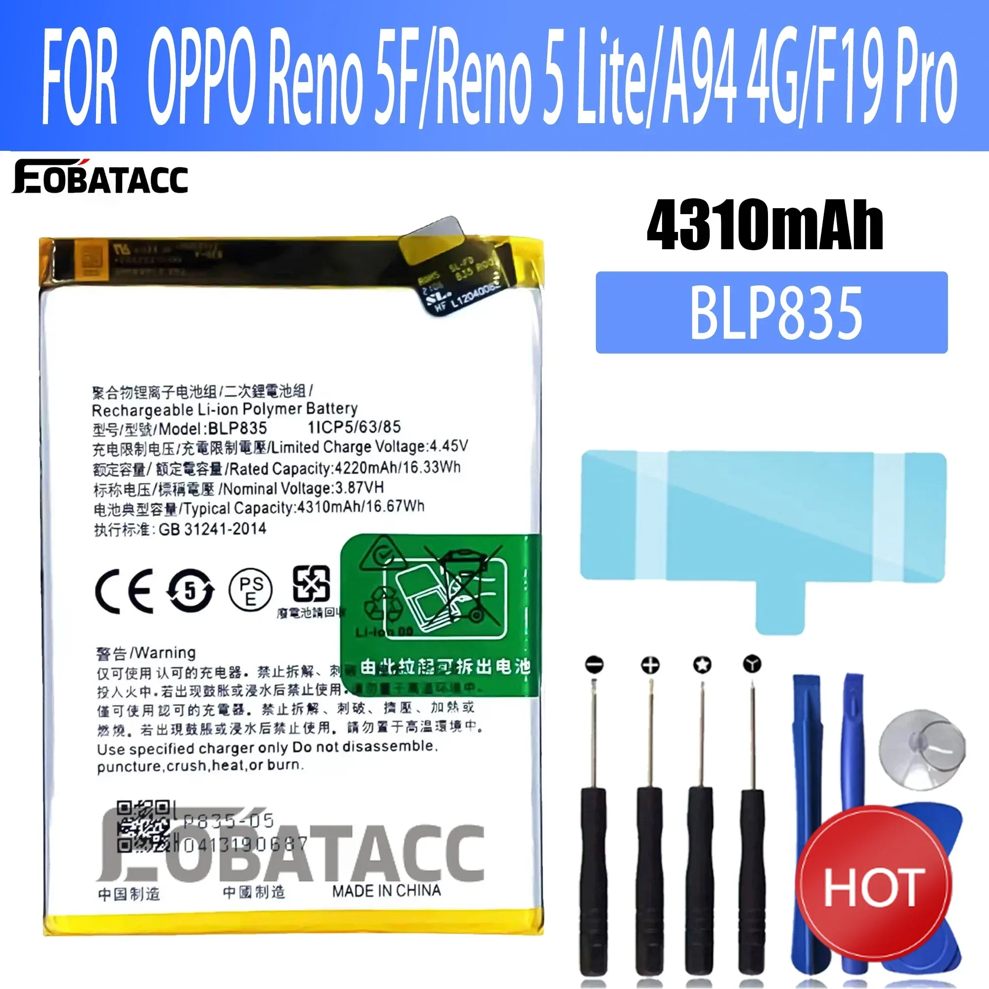 

100% New Original Battery BLP835 For OPPO Reno 5F/Reno 5 Lite/A94 4G/F19 Pro Battery + Free Tools