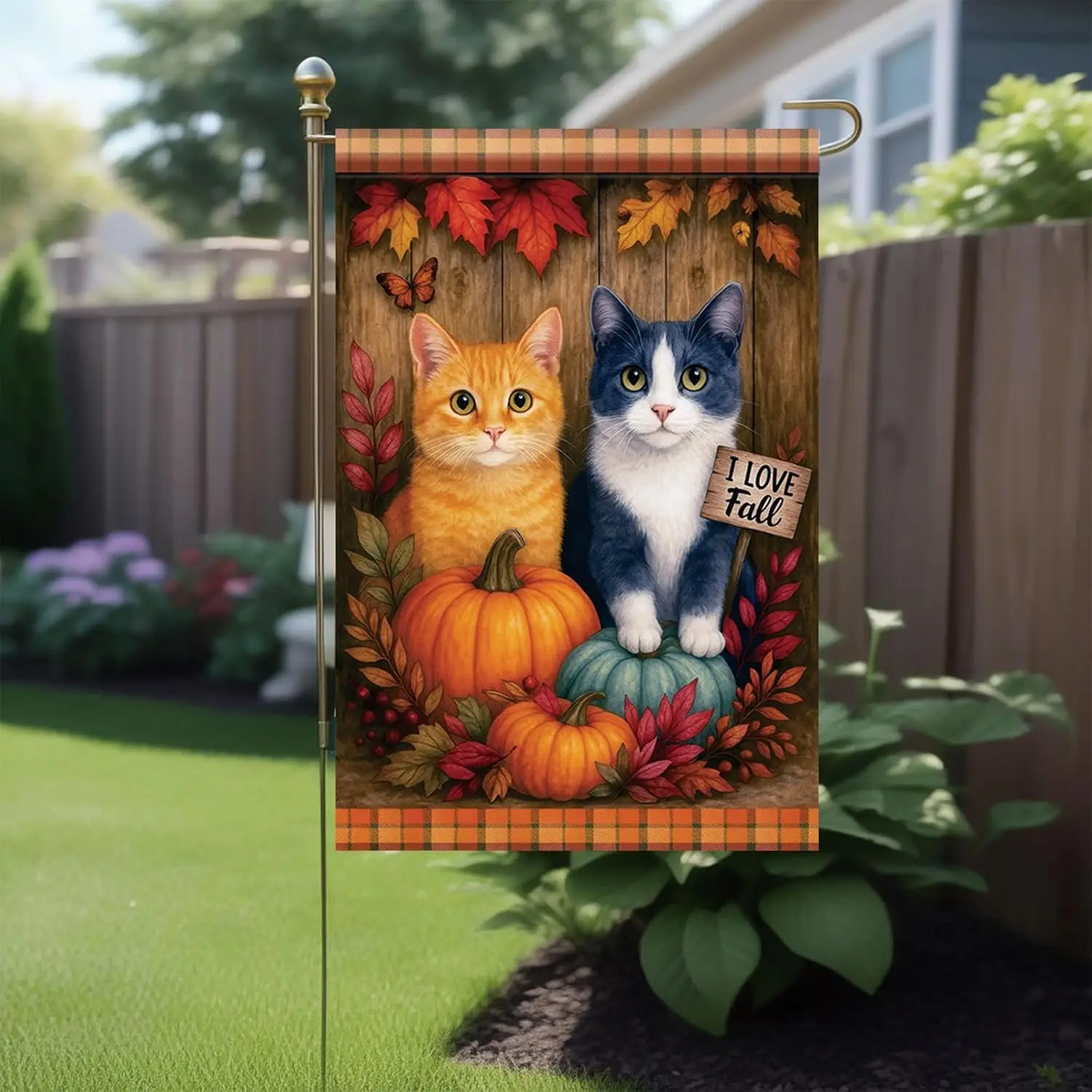 Thanksgiving Fall Garden Flag Orange Tabby and Gray Cat Flag 12x18 Inch Double-Sided Pumpkin Leaf Plaid Yard Banner Autumn O uui