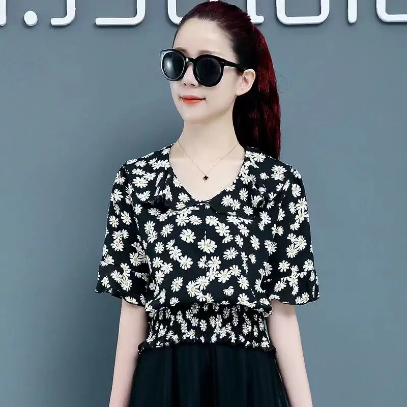 Women Clothes Summer Fashion Simplicity Printing Chiffon Short Sleeve Shirts Women's Trend Casual All-match Temperament Tops