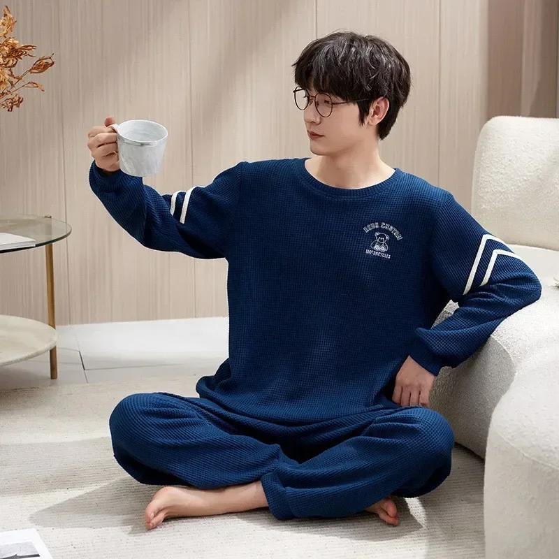 플러스 사이즈 남성용 면 와플 십대 긴팔 잠옷 학생 캐주얼웨어 O넥 상의 바지 투피스 세트 단색