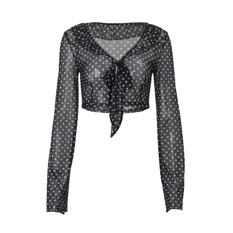 

Women's 2025 Summer Street Sexy V-neck Lightweight Micro Transparent Fashion Wave Point Long Sleeve Top