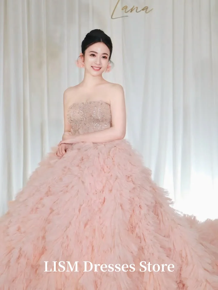 LISM Pink Strapless Beads A-Line Fairy Korea Evening Dress Customize Silk Tulle Prom Dress Photo Shoot Corsets Back 저녁 드레스