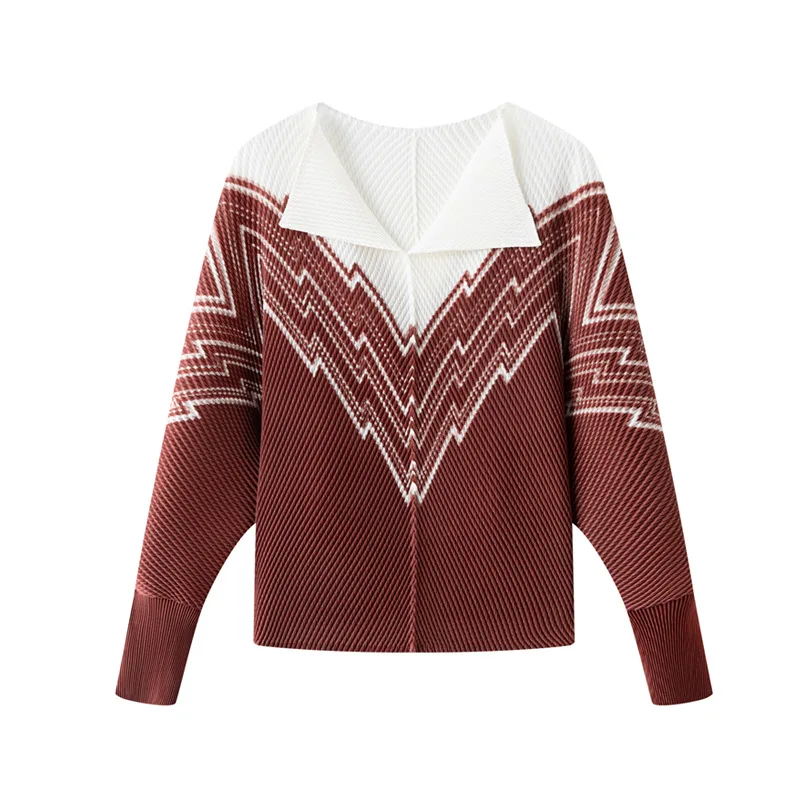 

Miyake плиссированный топ с длинными рукавами для женщин, нишевый полосатый воротник, рукава-летушка, свободная модная повседневная и универсальная футболка