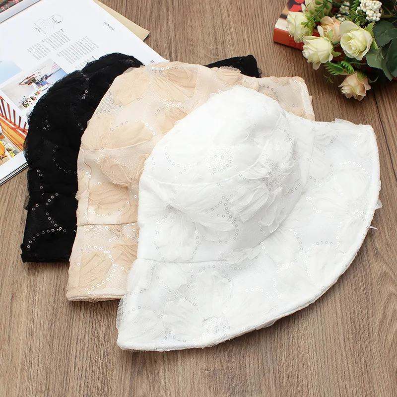 Women\'s Breathable Mesh Lace Fisherman Hat Children Summer Foldable Sun Hat Fashion Shopping Sunscreen Sun Hat Flowers