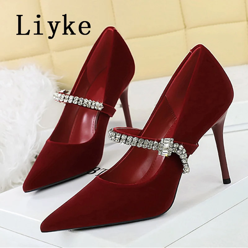 

Liyke Spring Summer Eelgant Single Shoes Fashion Crystal Rhinestone Strap Women Wedding Bride High Heels Pumps Zapatos Mujer