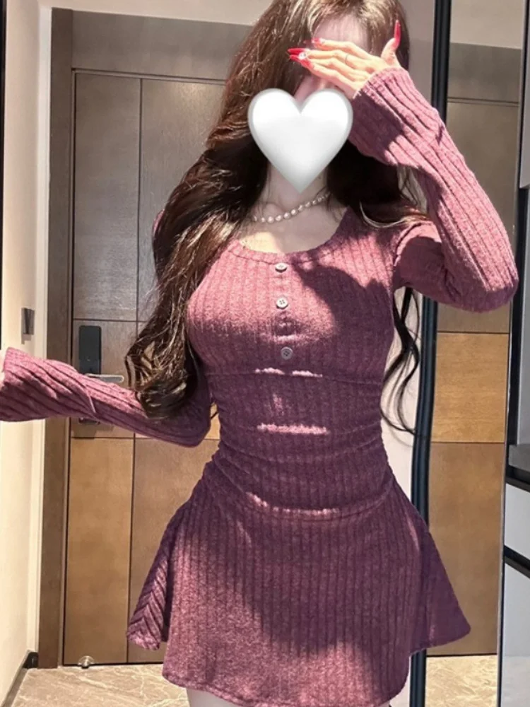 

Sexy Pure Desire Long Sve U-Ne Dr Women's Winter New Waist Cinching Slimming A-Line Skirt Inner Wear Ci Commute