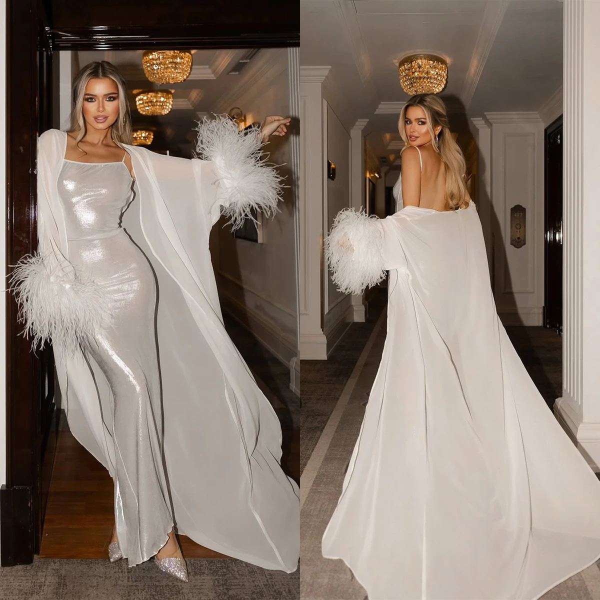 Gorgeous Dresses Women Robe Square Collar Feathers Long Sleeve Maternity Dressing Shower Gown for Photography Customized