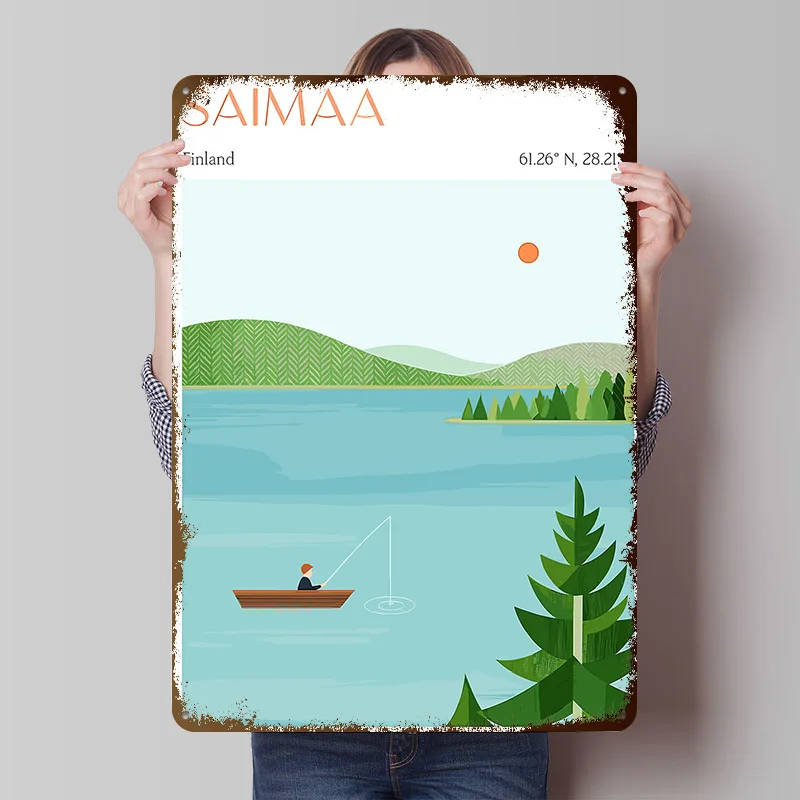 Saimaa Finland Fishing Scene Illustration Metal Poster Customized Wall Art Retro Vintage Tinplate Signs for Man Cave Home Decor