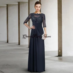 Elegant Mother of The Bride Dress Evening Party Dresses 3/4 Sleeves Applique Navy Chiffon Wedding Guest Gown for Mom Groom