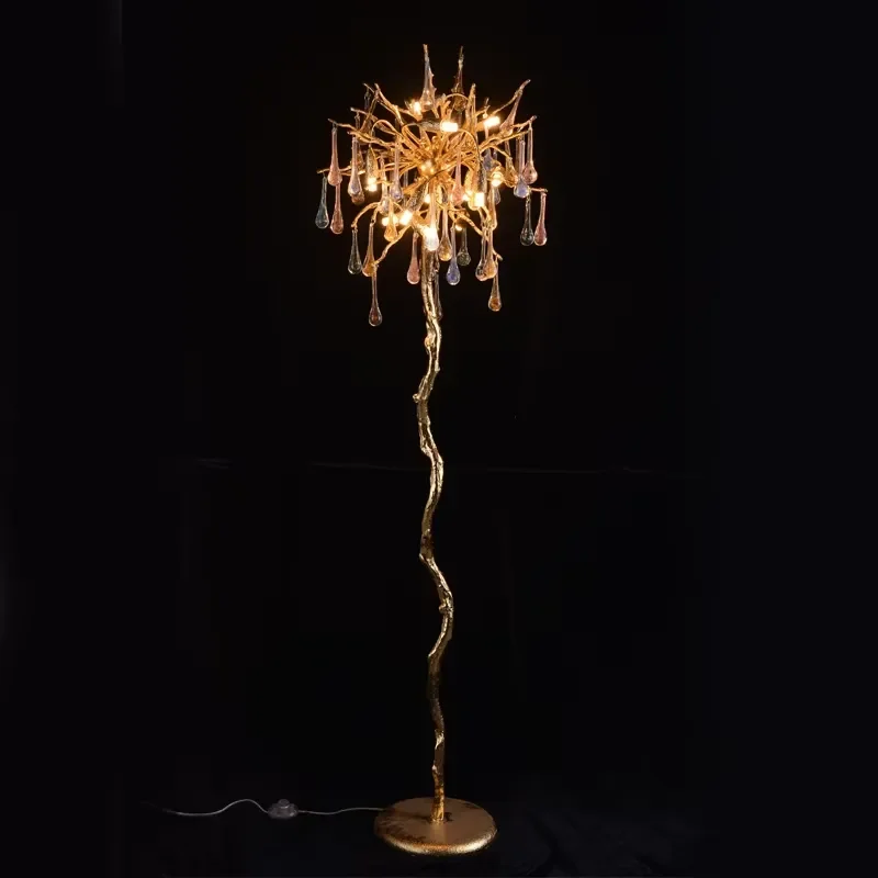 French Villa Living Room Home Decoration Colorful Crystal LED Pendant Light Contemporary Creative Brass Branch Hotel