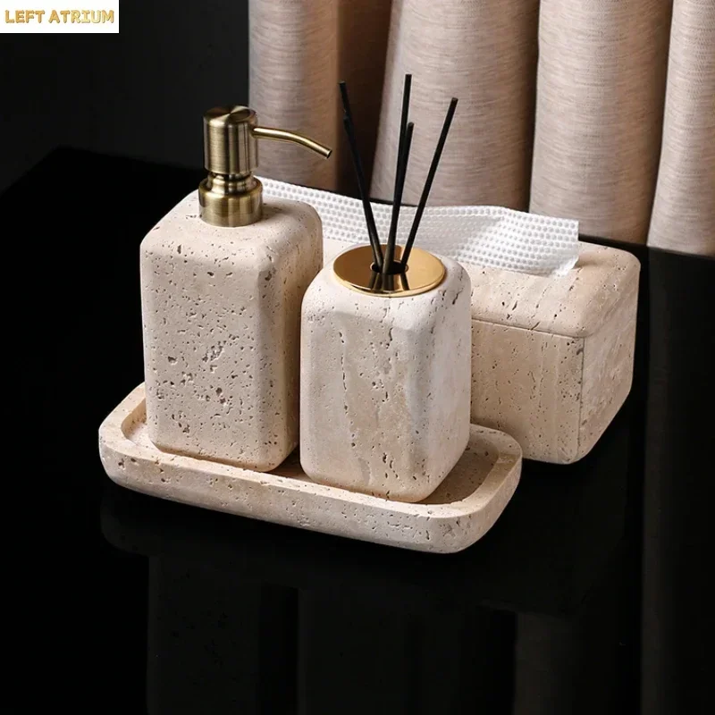 Natural marble Beige travertine bathroom six piece set of  Home hotel toothbrush cup soap box lotion bottle tray decoration