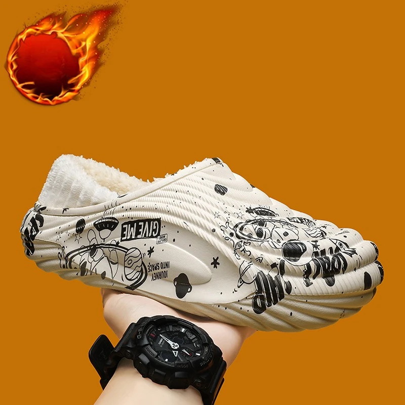 

Unisex Cotton Slippers Winter Warm Plush Clogs for Men Anti-slippery Waterproof House Slides Casual Slip Ons Cotton Shoes Indoor