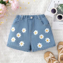 Kids Girls Fashion&Leisure Daisy Denim Shorts Blue Elastic Waistband Korean Style Shorts Outdoor Wear for Children 4-7 Ages