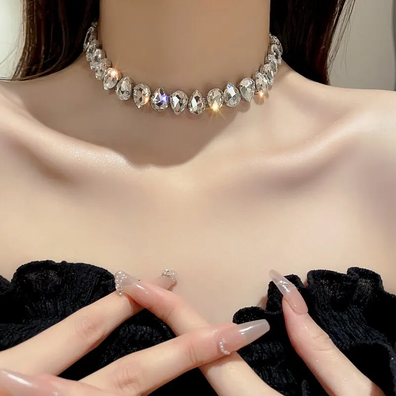 Colorful Rhinestone Crystal Necklace For Women Luxury Fashion Water Drop Choker Necklaces For Party Wedding Bridal Jewelry K0