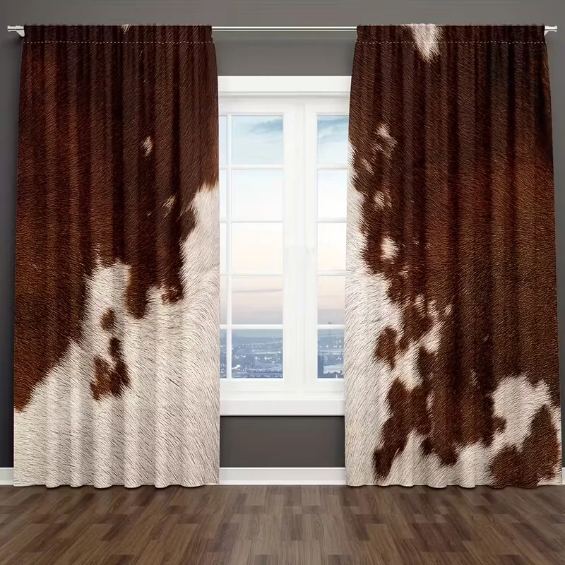 2 Stück braune Kuh-Druckvorhänge, 3D-Kunstfell-Textur, Lichtfiltervorhänge, Bauernhaus, rustikale Heimdekoration für Wohnzimmer, Schlafzimmer