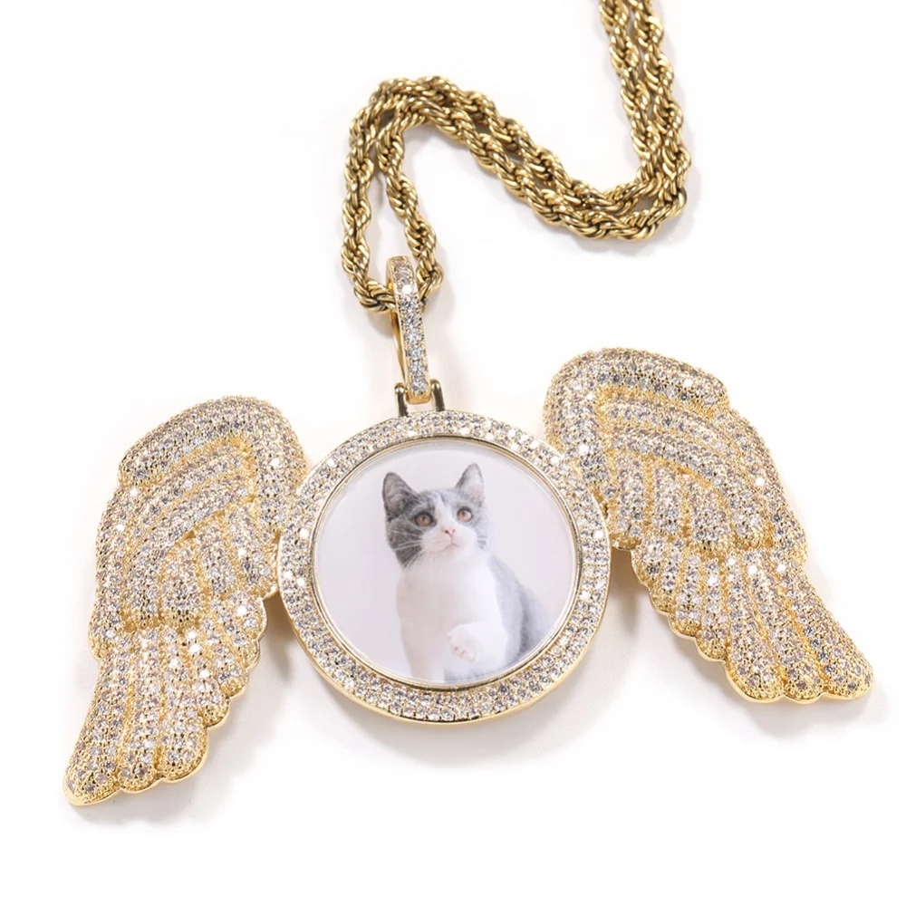 

LeeChee Angel Wings Custom Photo Necklace Personalized Zircon Pendant For Men Rope Chain Hiphop Jewelry Party Gift