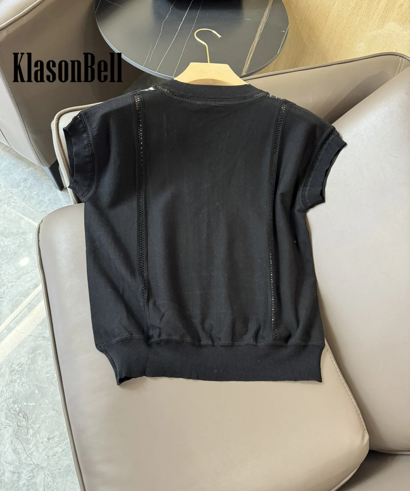 2.27 KlasonBell Women Clothes Star Geometric Silk Print Spliced Hollow Out Knitted V-Neck Fashion Comfortable T-Shirt