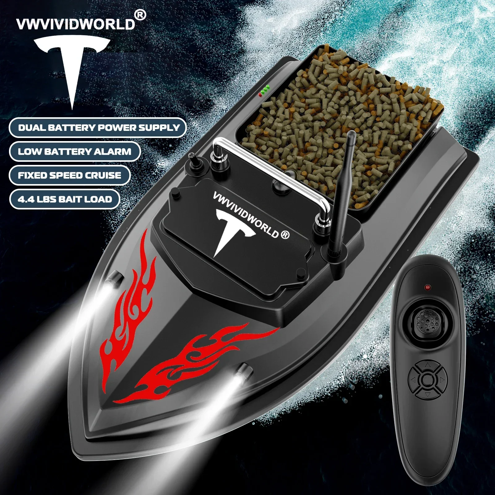 VWVIVIDWORLD,2024 new,500M Remote Control,RC Fishing Bait Boat,2KG Loaded,Fixed Speed Cruise,Waterproof,High Speed,4 Night Light