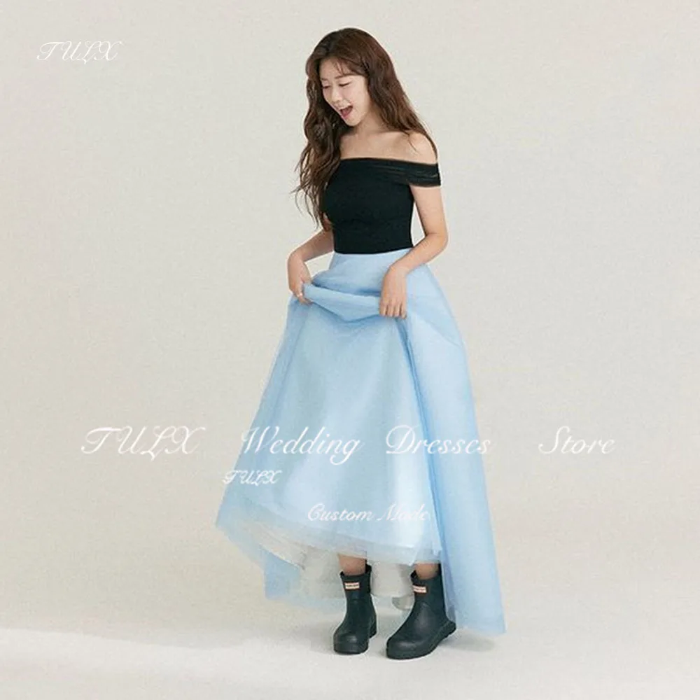 

TULX Simple Black Blue Korea Wedding Party Dress Strapless Tulle Shawl Evening Dress Bridal Long Corset Event Dresses Custom