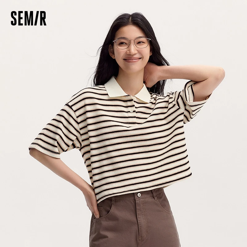 Semir Polo Shirt Women Short-Length Loose-Fit 2024 Summer New Fashionable Vintage Collegiate Style Textured Striped Top