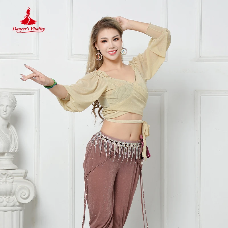 Traje de rendimiento de danza del vientre para mujer, Top de media manga y pantalones para niña, ropa Oriental, Tops de baile del vientre, pantalones, ropa de invierno