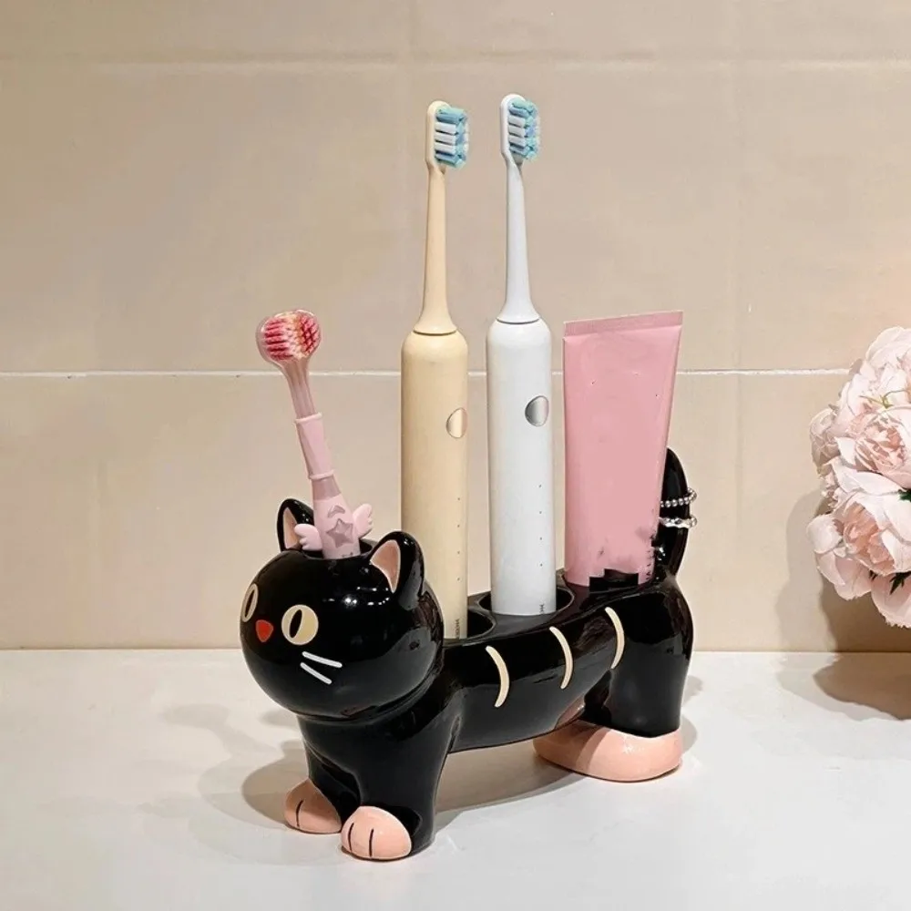 Cat Dog Shape Ceramic Toothbrush Holder Cartoon Waterproof Toothbrush Storage Rack 4 Holes Whimsical Makeup Brush Shelf Home Use