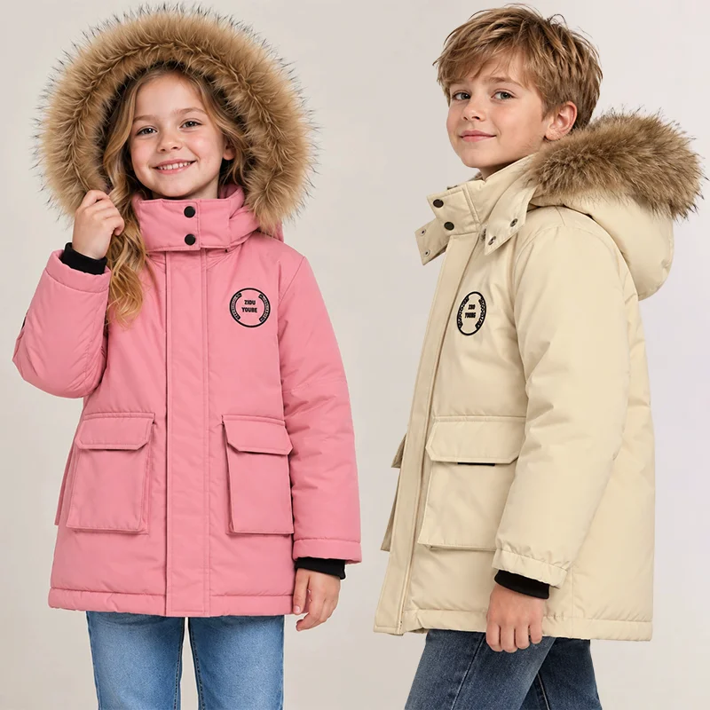 Boys Girls Winter Parka Jacket Fur Collar Hooded Cotton Coat 5-14 Years Kids Cargo Big Pockets Windproof Warm Outerwear