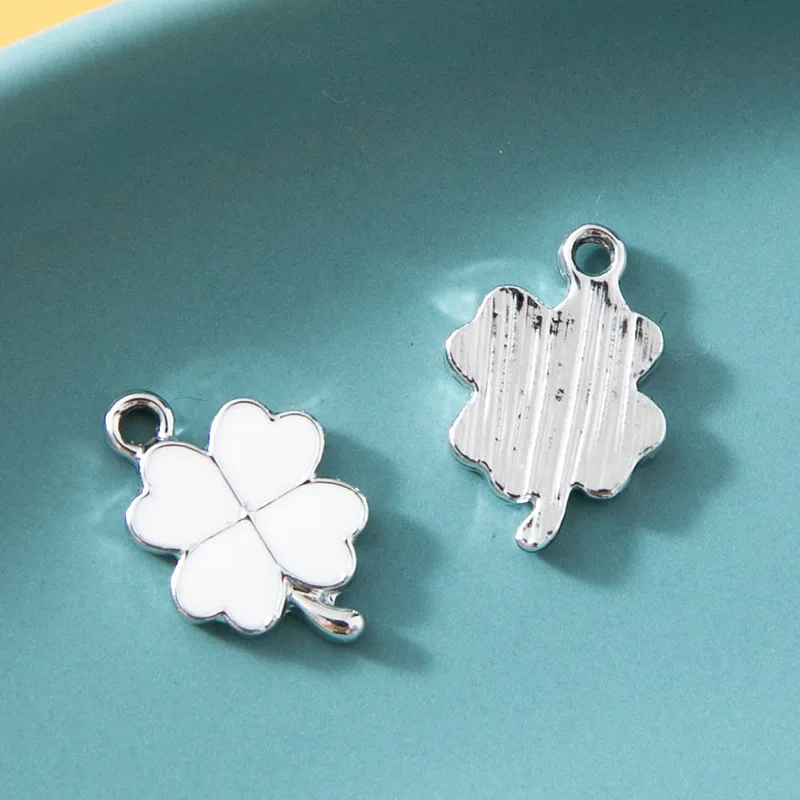 20pcs/Lot Gold Color Plated Enamel Charms Lucky Four Leaf Clover 8*14mm DIY Making Findings Handmade Jewelry Pendants