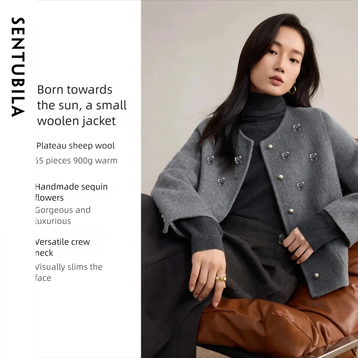 

SENTUBILA женское шерстяное пальто для молодых леди двусторонняя шерстяная куртка 2025 зимняя верхняя одежда с блестками цветами W54OG4932