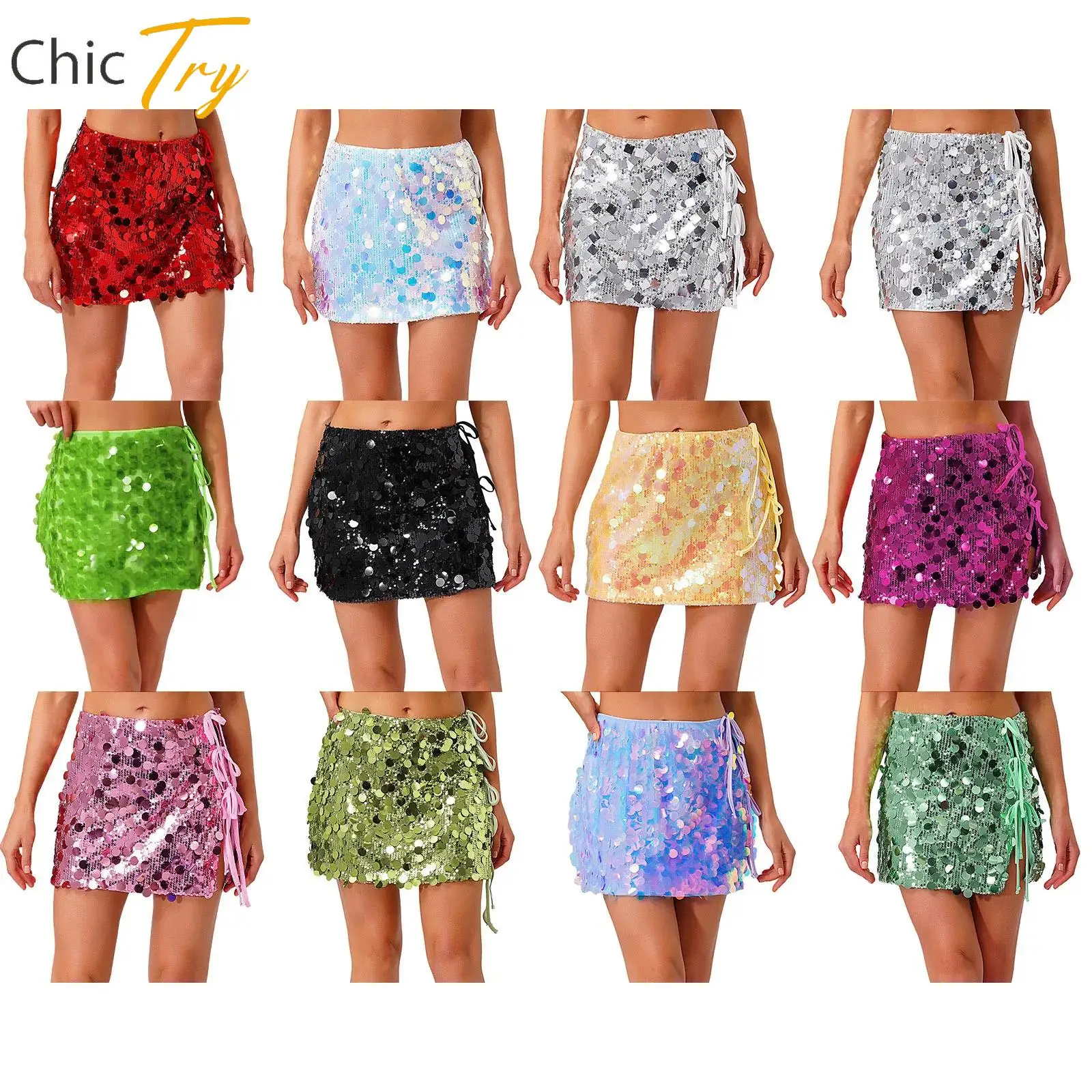 

Sparkly Sequin Miniskirt for Womens Sequined Mesh Fully Lined Side Slit Lace-up Bodycon Skirt for Raves Party Clubwear Beachwear